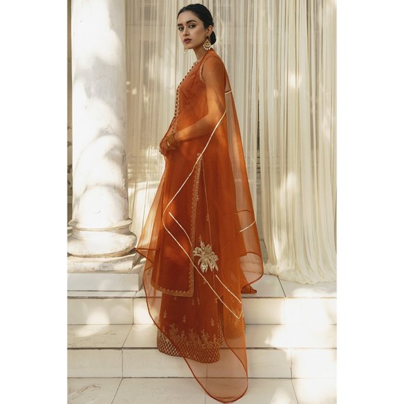 Punjabi Pakistani Gorgeous Rust Outfit: Three-Piece Set! - Picture 2 of 6